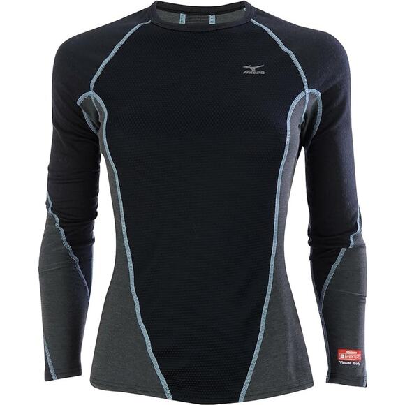 Mizuno Breath Thermo Base Layer Crew Neck Colorblock Black Alaskan Blue Large - Picture 1 of 7